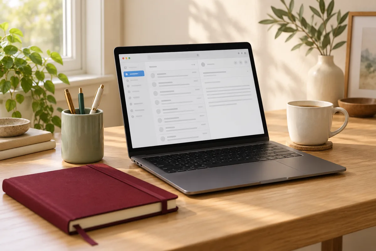 A laptop showing an email interface beside a burgundy notebook, sage pen cup and ivory mug.