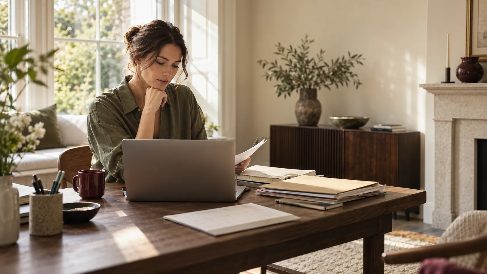 A woman organising papers and digital work beside a laptop in a sunlit home office.