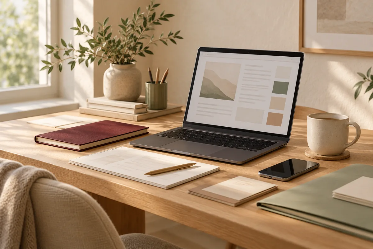 An organised business workspace with a laptop, notebook and folders