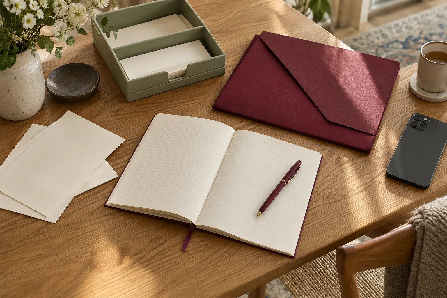 Notebook, appointment paperwork and folders arranged on a table