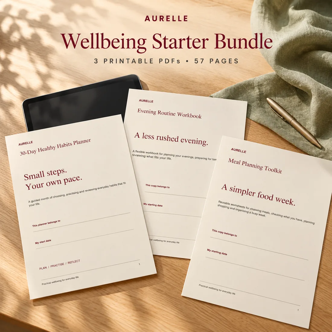 Three Aurelle printable PDF covers displayed together
