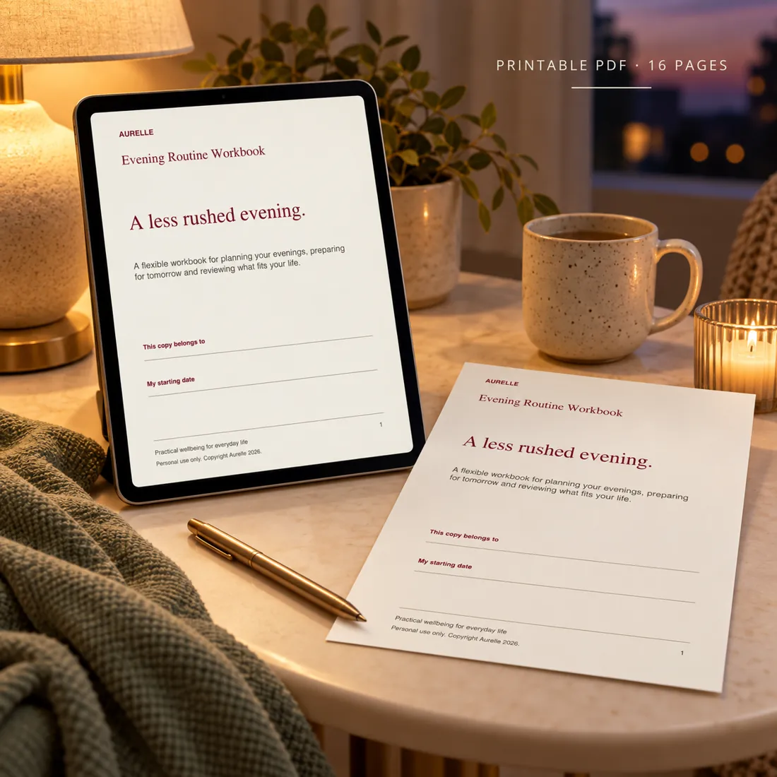 evening routine workbook PDF displayed on a tablet with a printed cover sheet