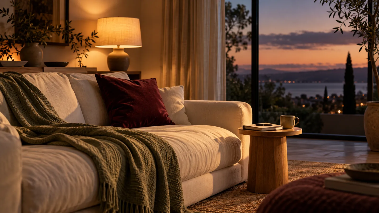 Warm evening light in a quiet living room with a notebook and sage throw