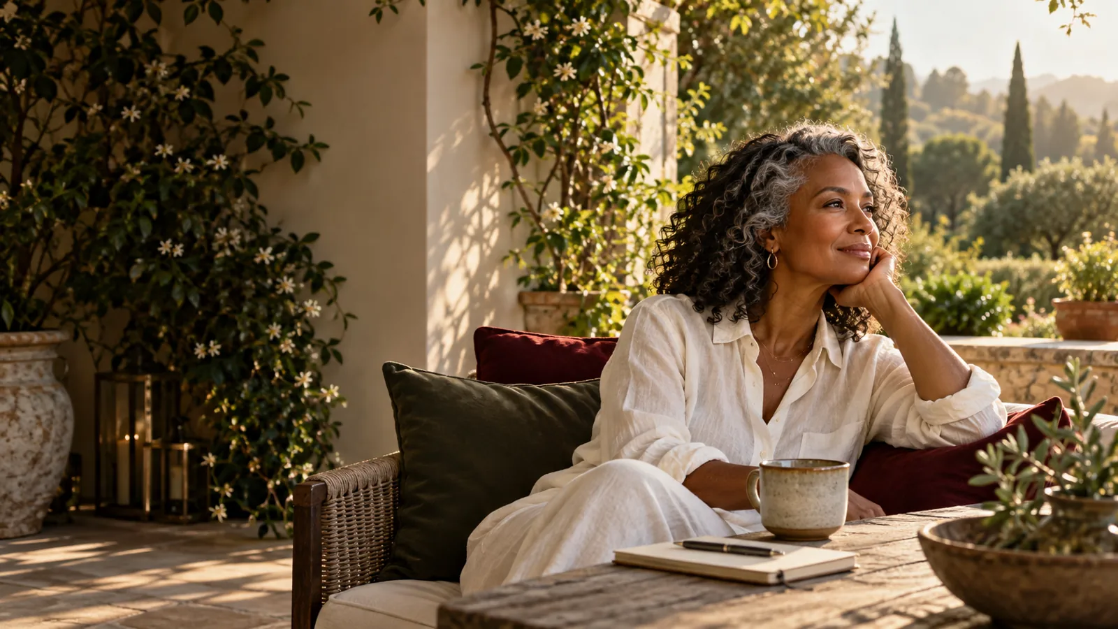 A woman enjoying a quiet sunlit morning on a garden terrace